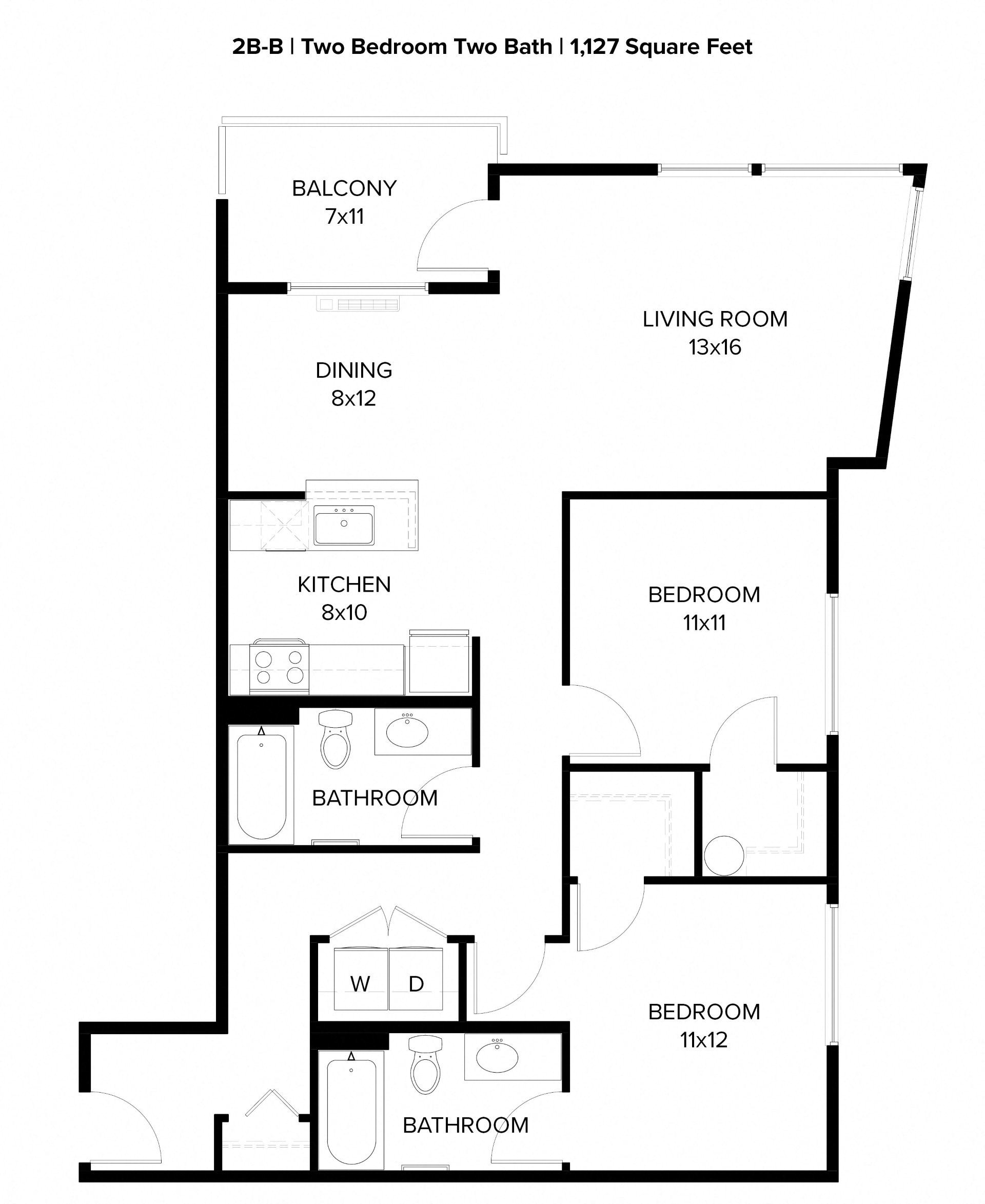 Floor plan for 2 beds, 2 baths, 1127 sqft